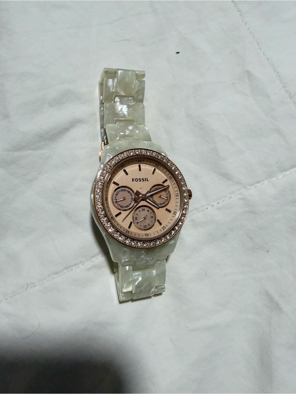 Fossil Women's Pearl White Resin Watch with Rose Gold Dial and Crystal Bezel
